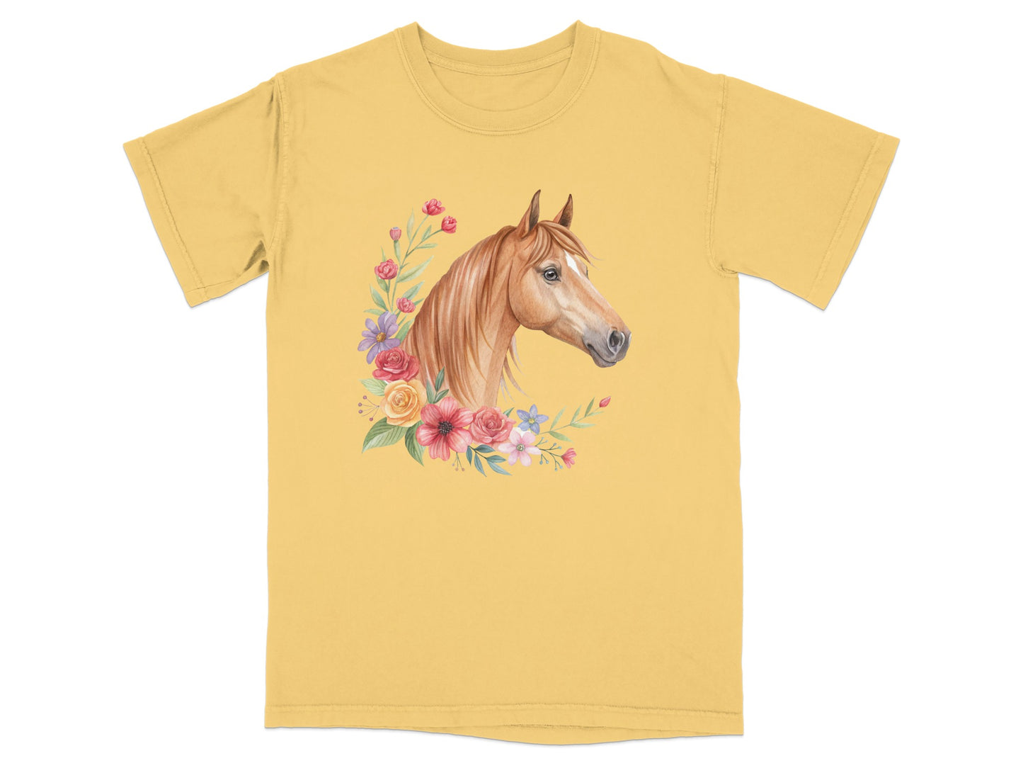 Yellow t-shirt with a watercolor horse and floral wreath design.