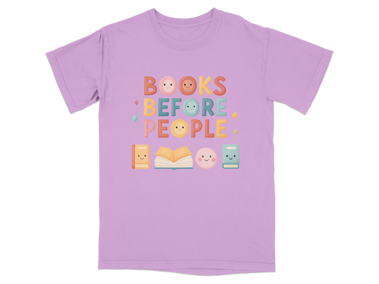 Light purple t-shirt with "Books Before People" text and book graphics.
