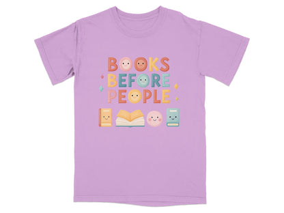 Light purple t-shirt with "Books Before People" text and book graphics.