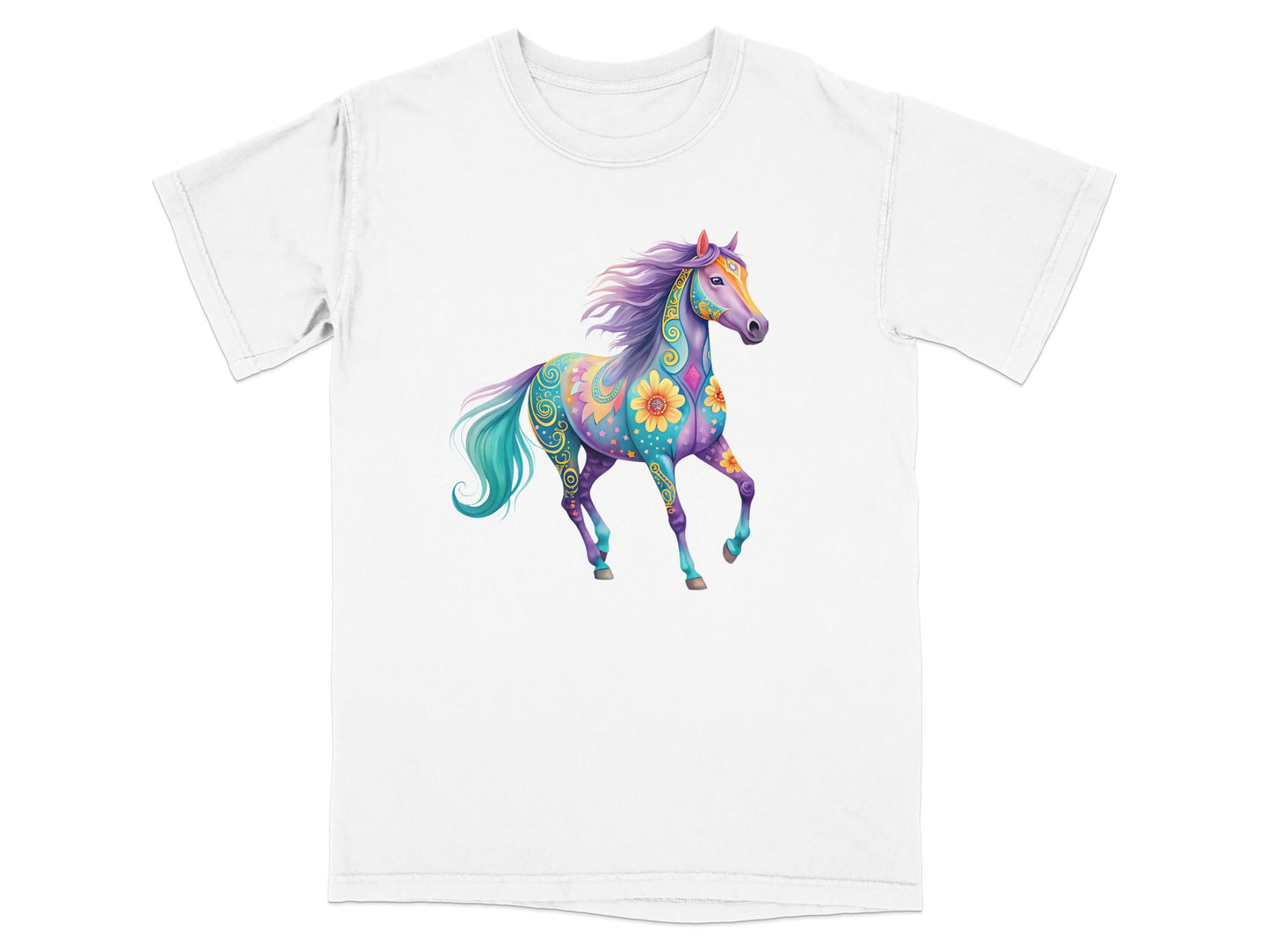 White t-shirt with a colorful, decorative horse graphic.