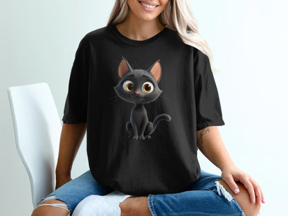 Black t-shirt with a cartoon black cat wearing a yellow collar.