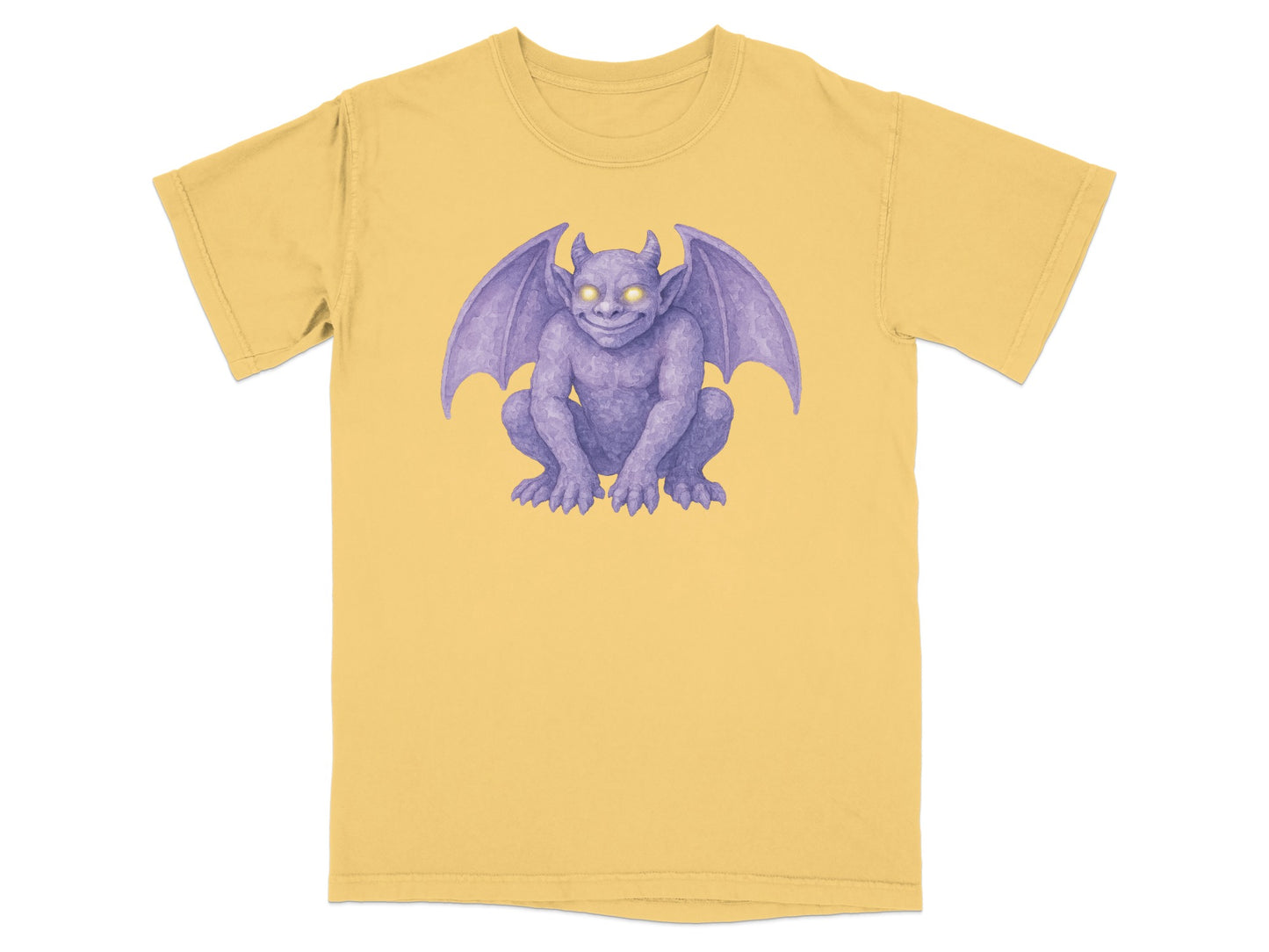 Yellow t-shirt with a purple gargoyle illustration.