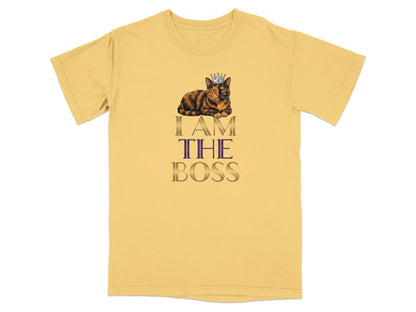 Calico cat wearing a crown with "I AM THE BOSS" text below.
