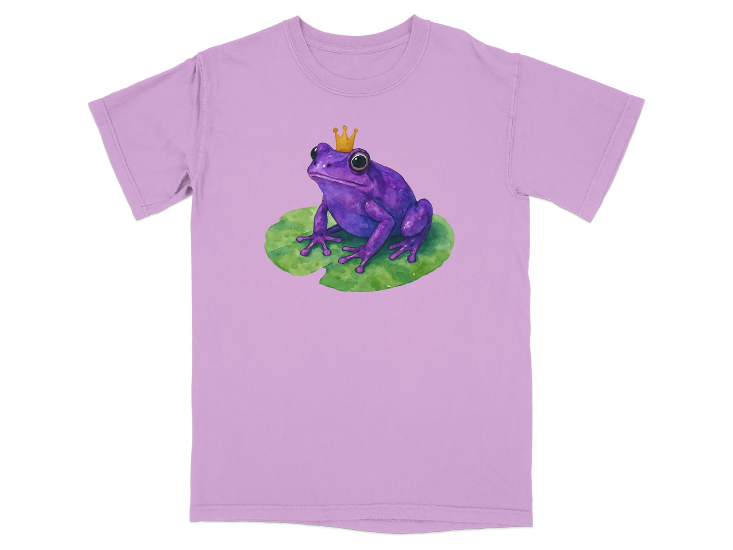 Purple frog wearing a crown on a lily pad.