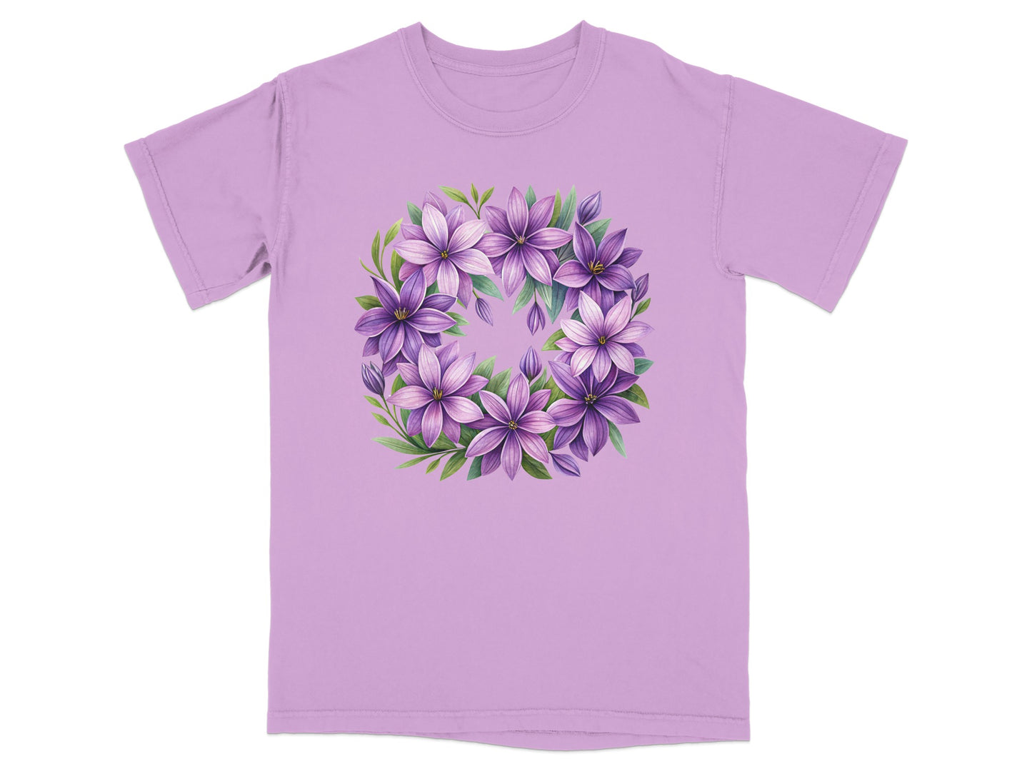 Lavender t-shirt with a circular floral design of purple and green flowers.