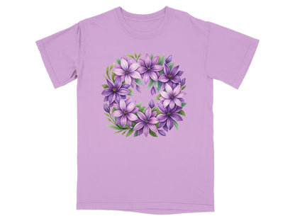 Lavender t-shirt with a circular floral design of purple and green flowers.