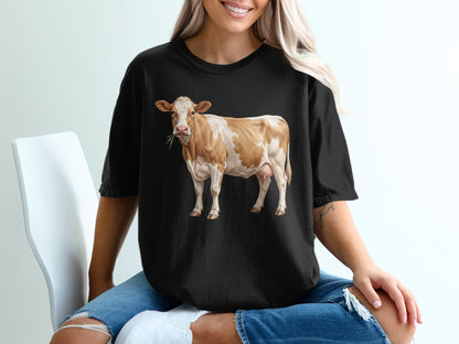 Black t-shirt with a brown and white cow illustration eating grass.