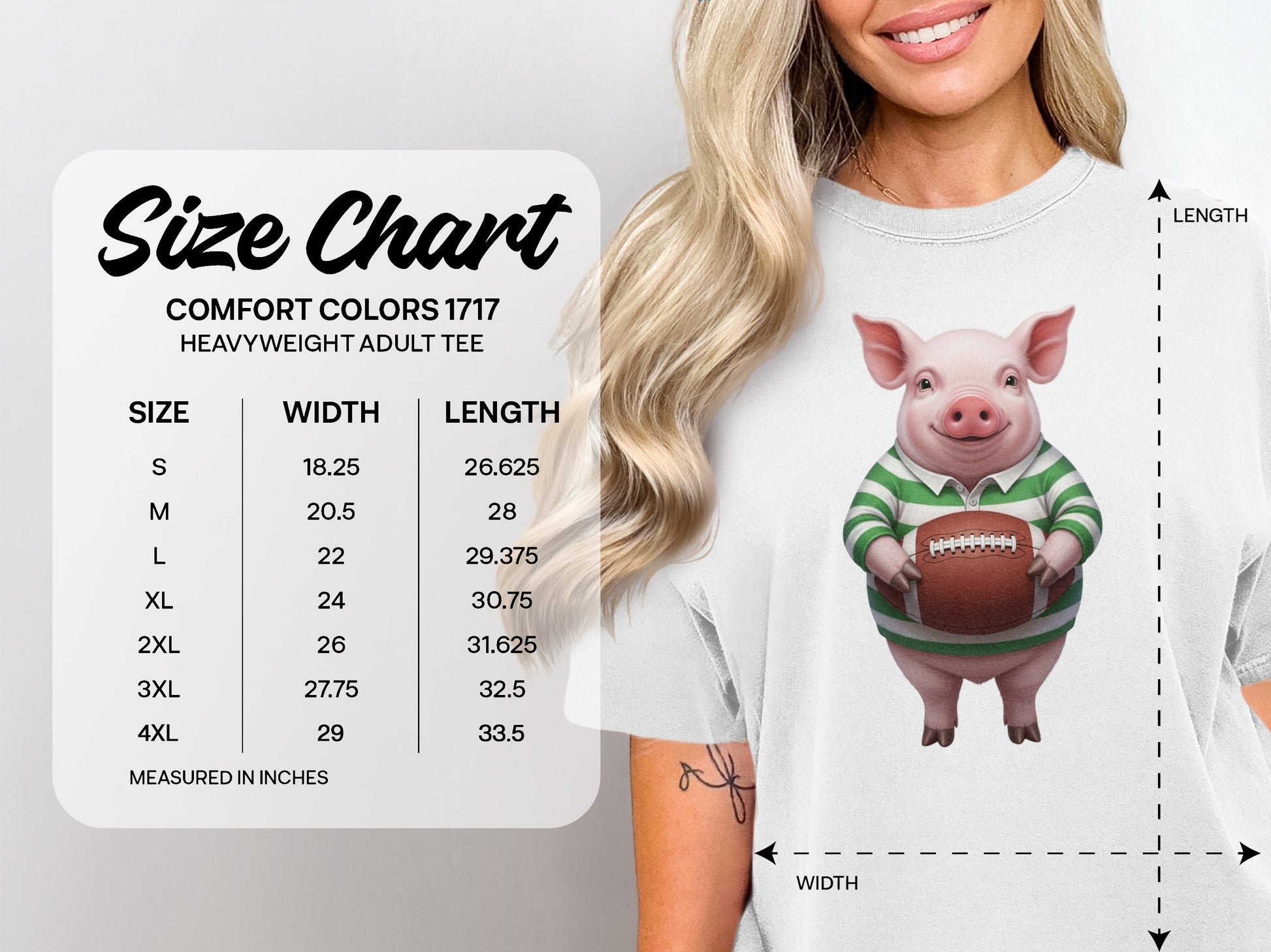 Comfort Colors 1717 heavyweight adult tee size chart with pig mascot.