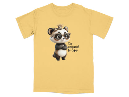 Yellow t-shirt with a cartoon panda wearing glasses and bow.