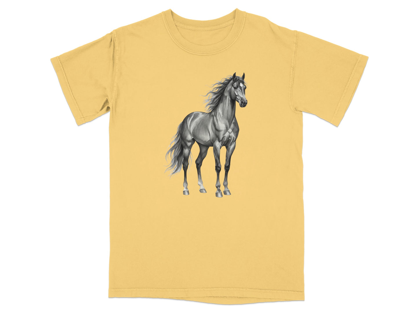 T-shirt with a black and white horse illustration.