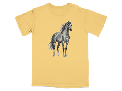 T-shirt with a black and white horse illustration.