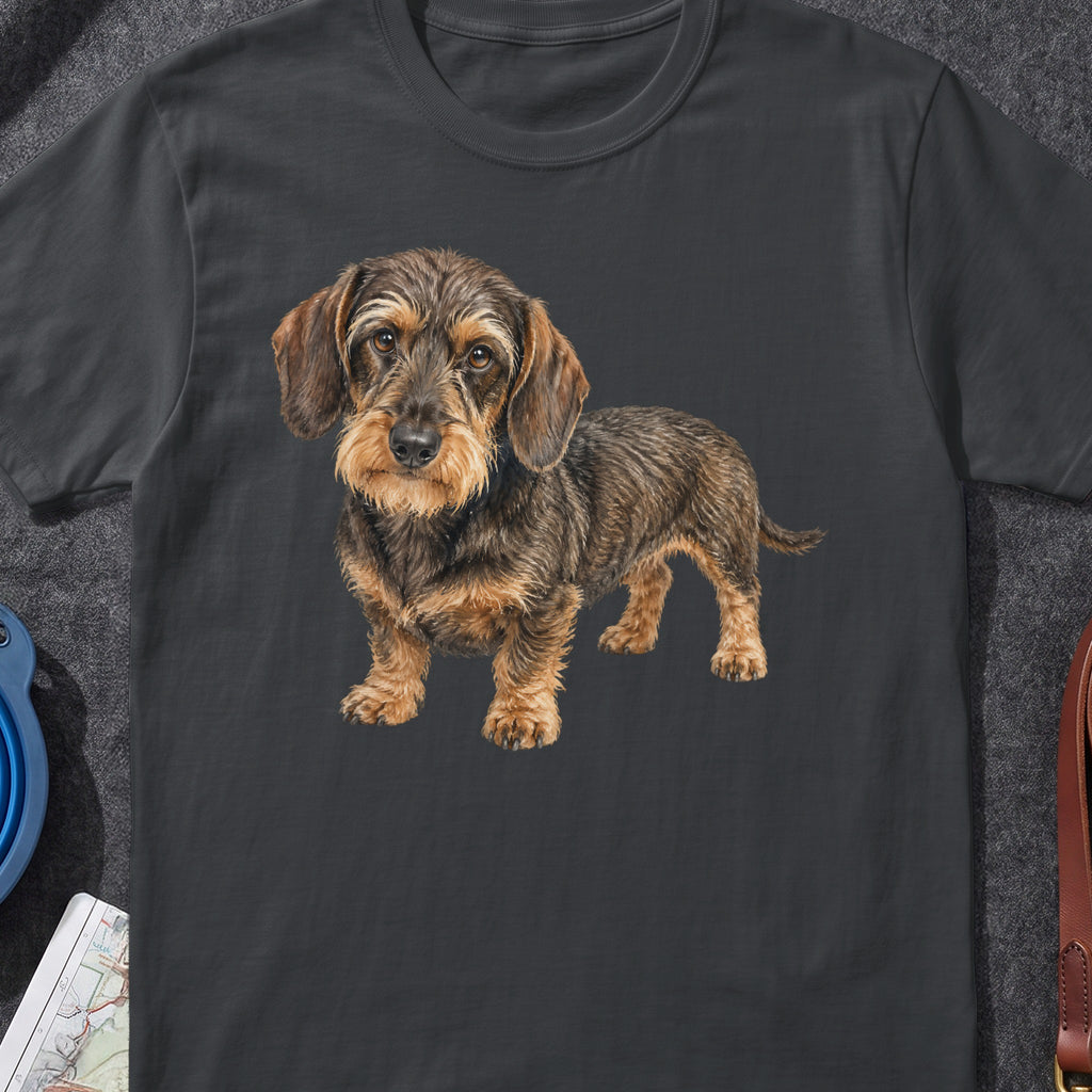 Watercolor illustration of a wirehaired dachshund standing on a dark grey t-shirt.