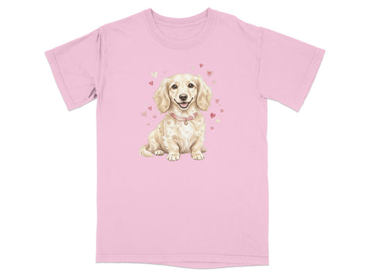 Cream dachshund wearing a pink collar and heart necklace on a pink t-shirt.
