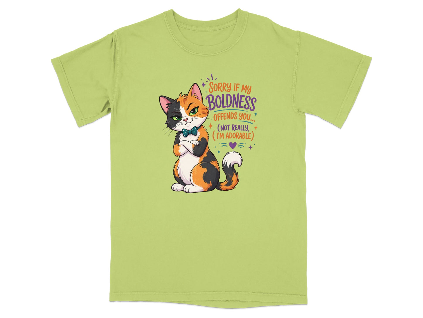 Calico cat wearing a bow tie, with text "Sorry if my boldness offends you... (not really, I'm adorable)".