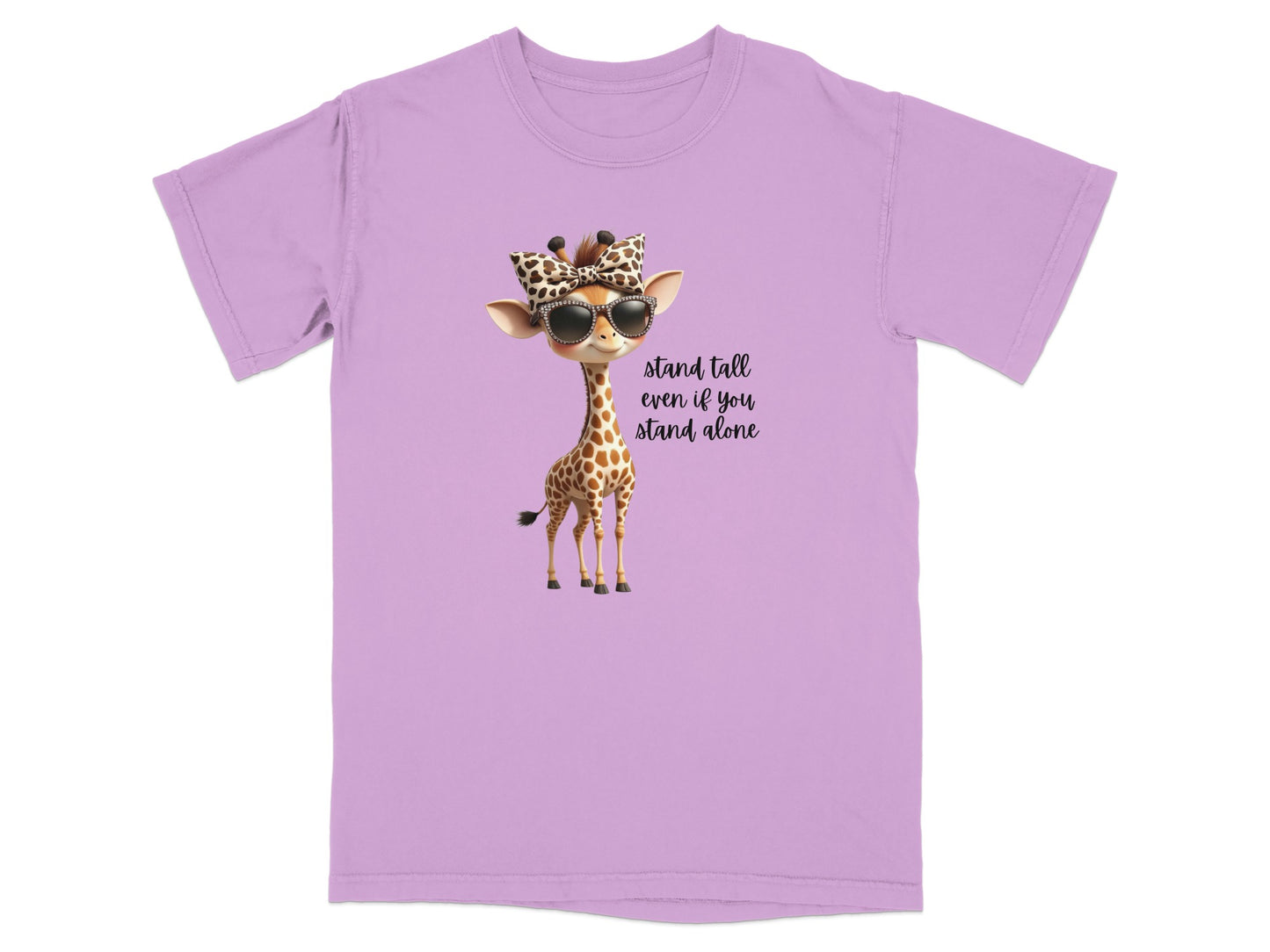 Giraffe wearing sunglasses and bandana with "stand tall even if you stand alone" text.