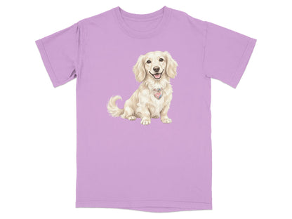 Light purple t-shirt with a smiling dachshund illustration wearing a heart collar.