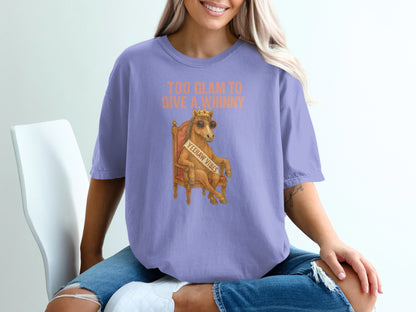 Purple t-shirt with "Too Glam to Give a Whinny" and "Yeehaw Vibes".