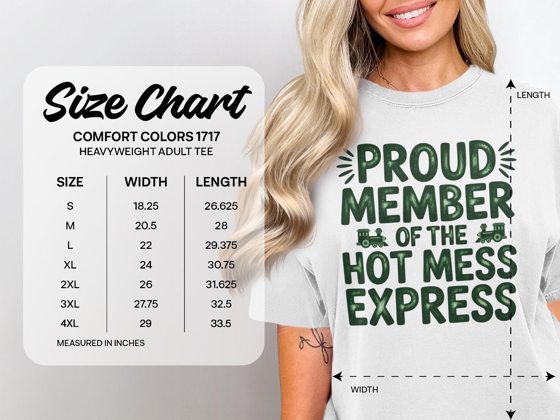 Comfort Colors 1717 size chart for heavyweight adult tees with width and length measurements.
