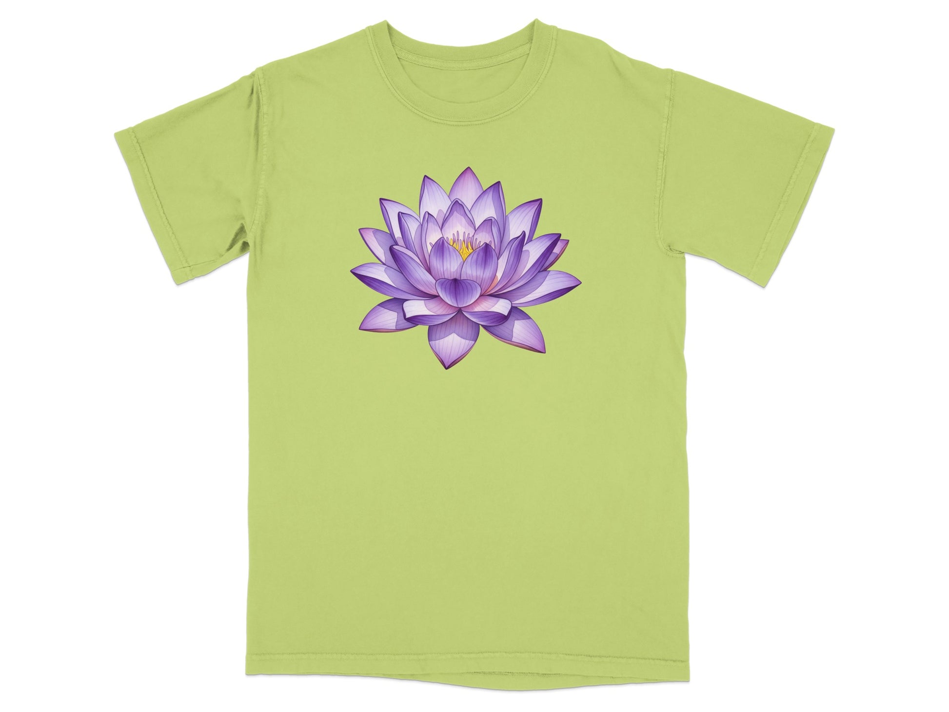 Light green t-shirt with a purple lotus flower graphic on the chest.