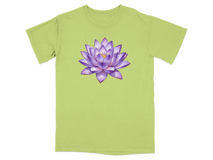 Light green t-shirt with a purple lotus flower graphic on the chest.