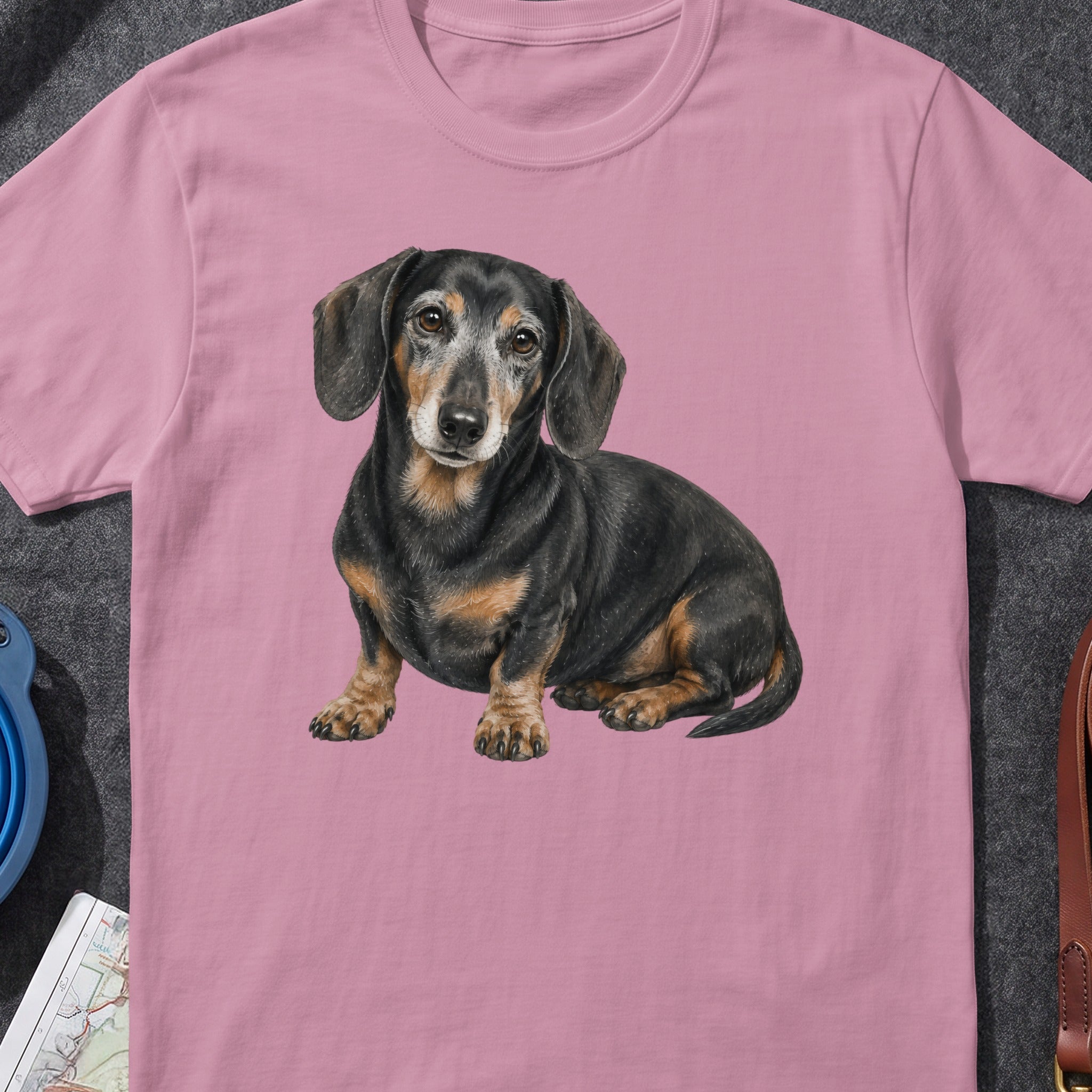 Dachshund illustration on pink t-shirt with detailed fur and markings.