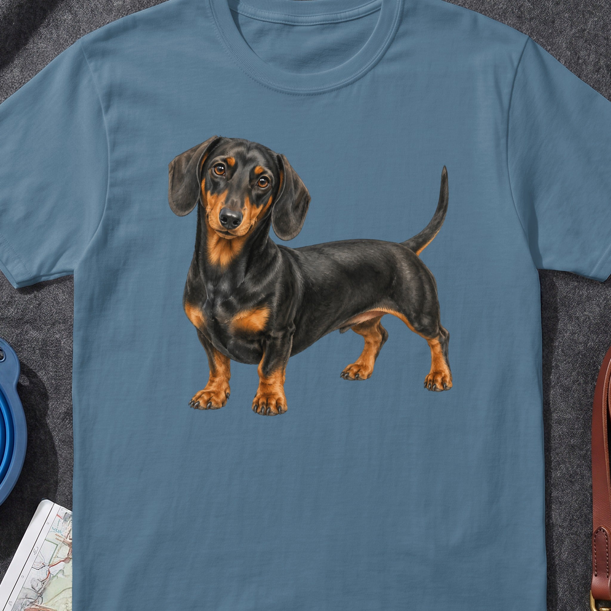 Black and tan dachshund illustration on a blue t-shirt.
