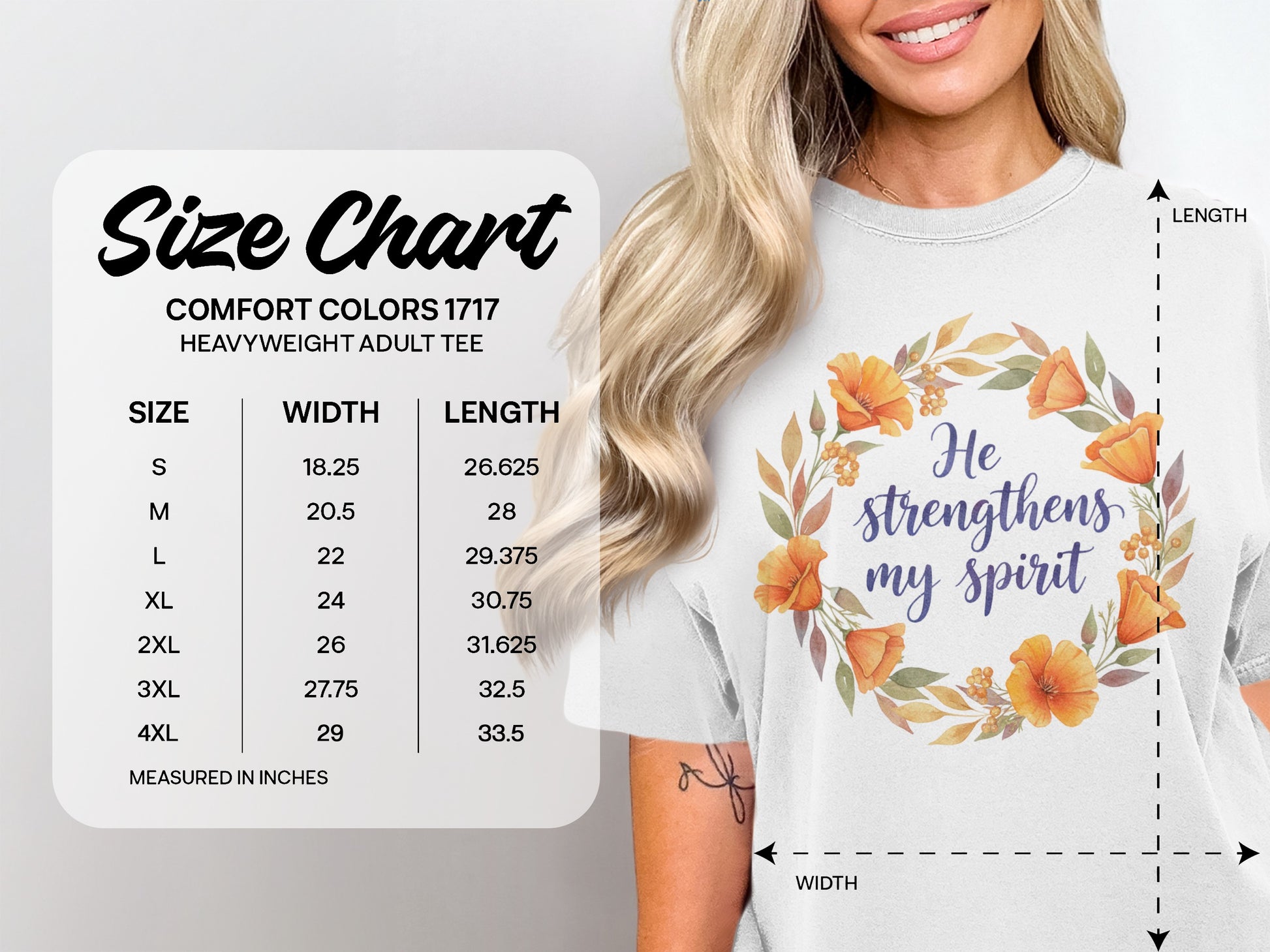 Comfort Colors heavyweight adult tee size chart for width and length.