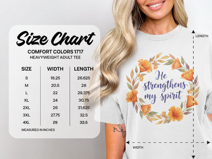 Comfort Colors heavyweight adult tee size chart for width and length.