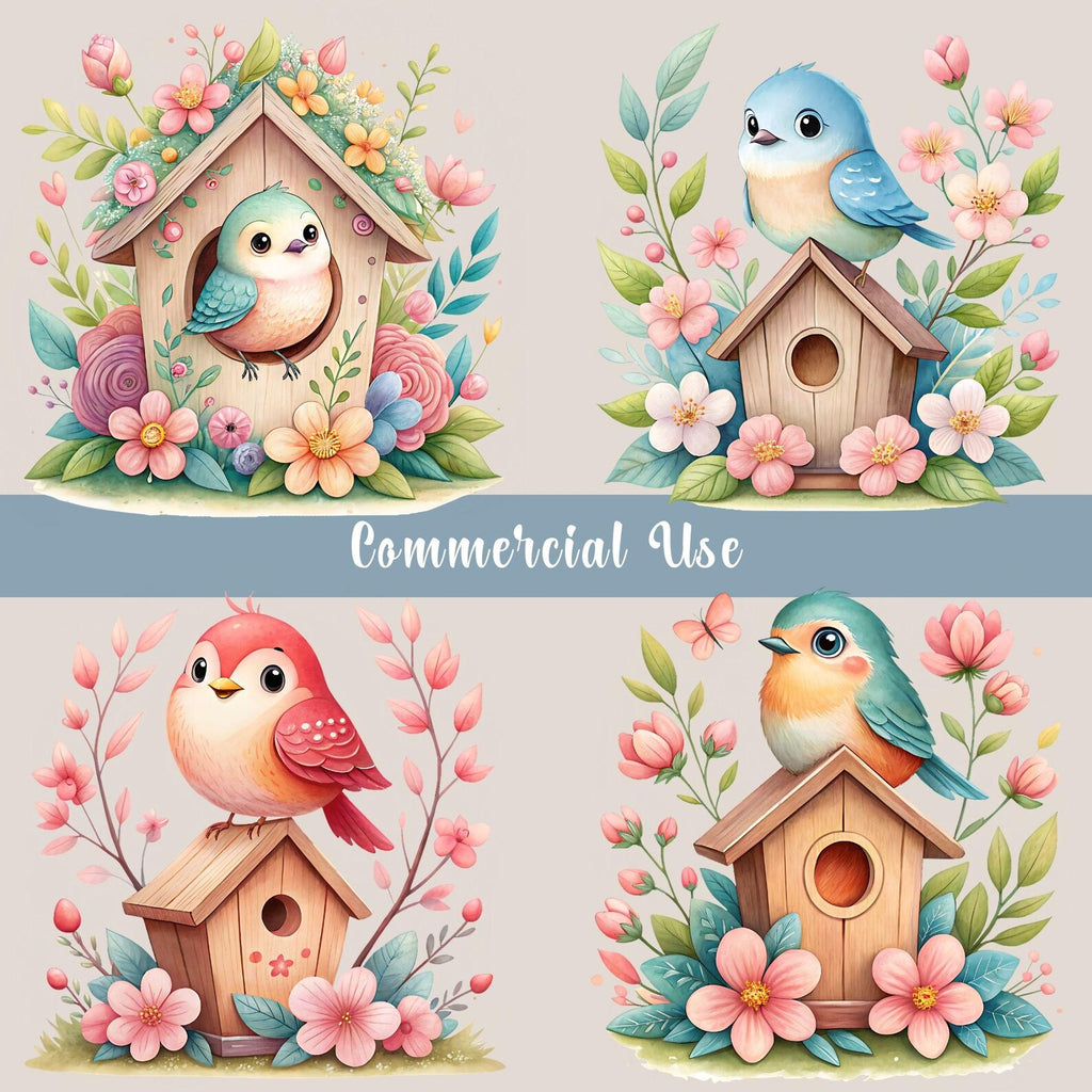 Cute Birds & Birdhouses Watercolor Clipart Bundle | 15 PNG Designs