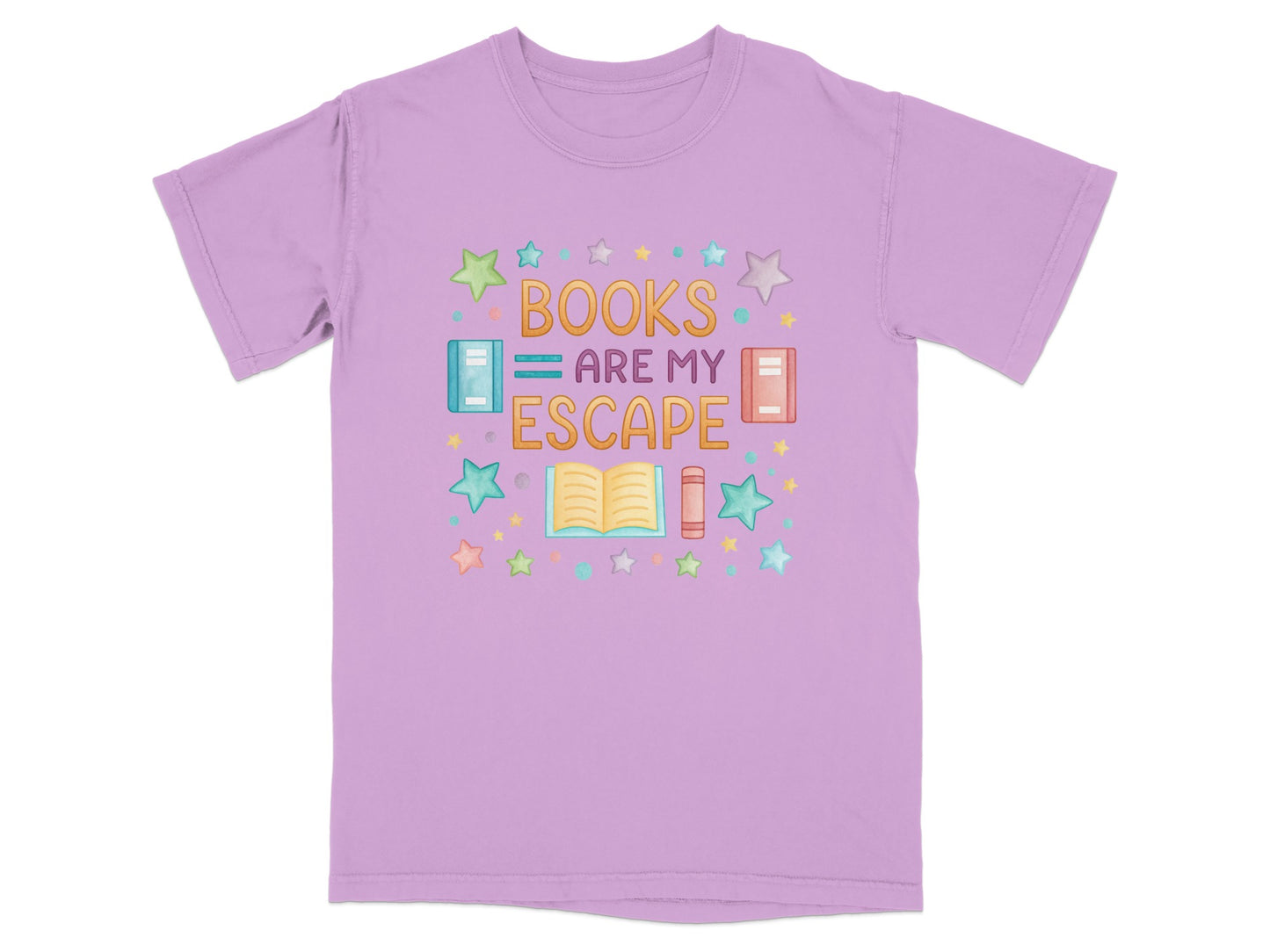 Purple t-shirt with "Books are my escape" and starry, book-themed graphics.
