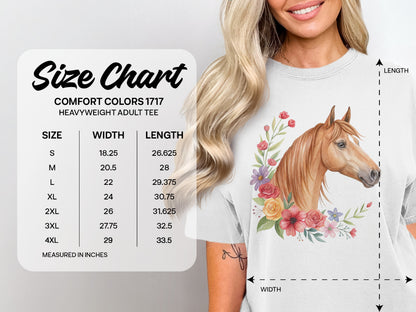 Comfort Colors 1717 heavyweight adult tee size chart with horse and floral graphic.