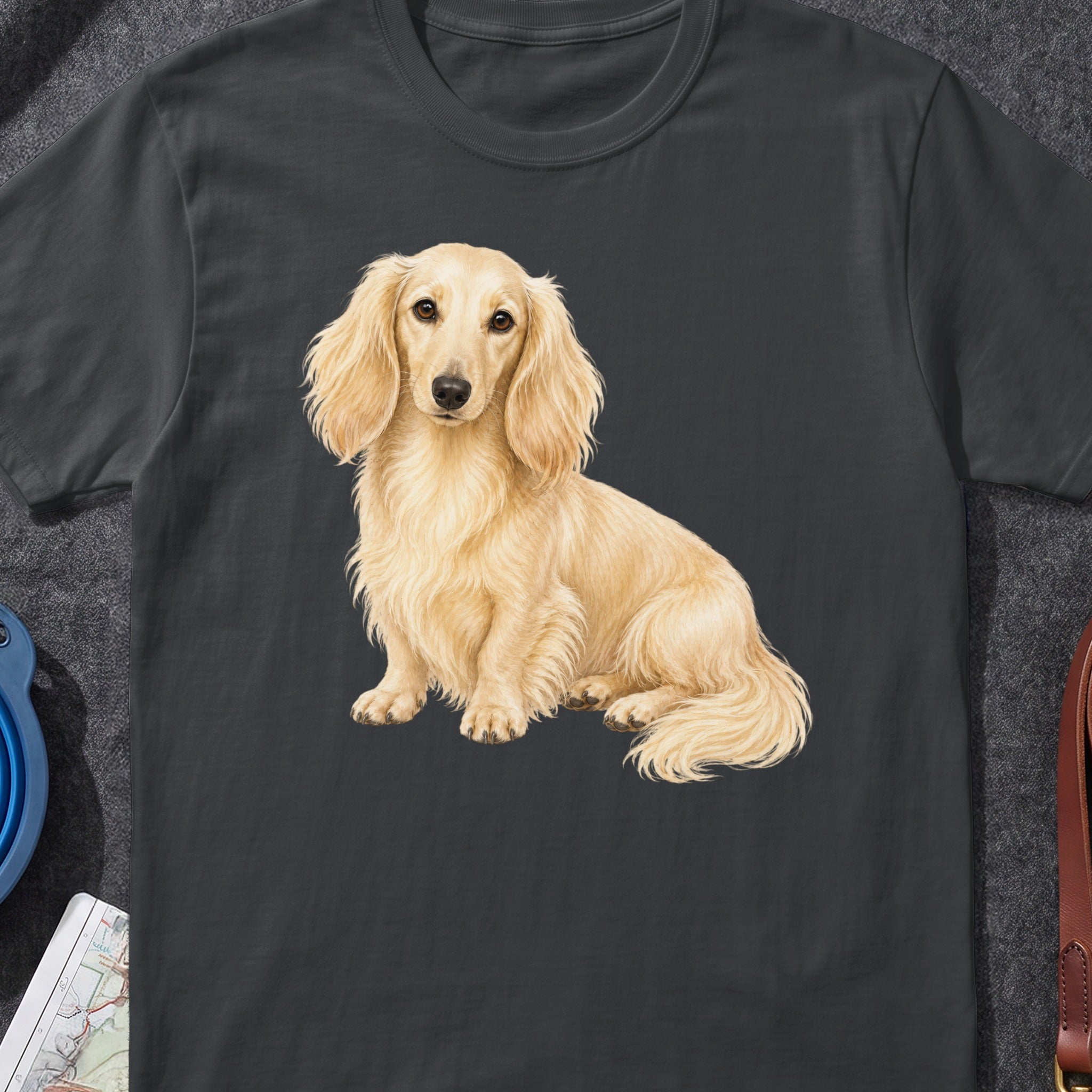Cream-colored long-haired dachshund sitting on a dark gray t-shirt.