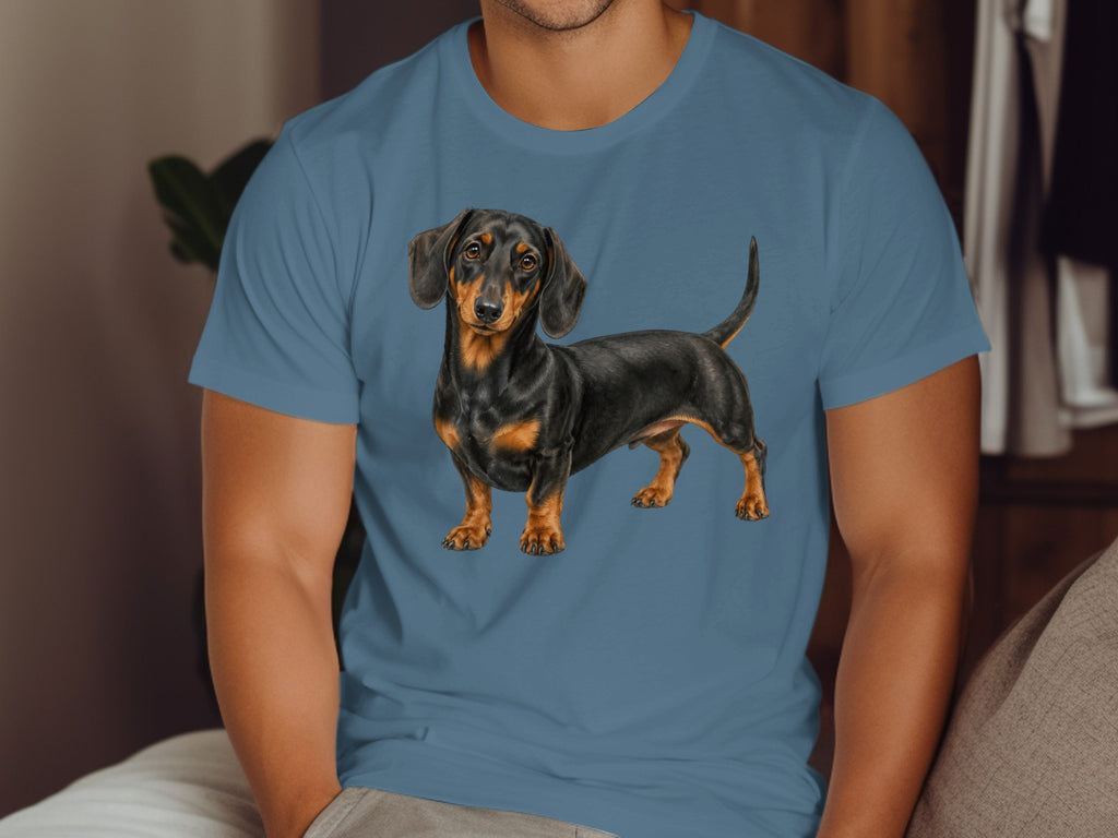 Short-haired black and tan dachshund illustration on a blue t-shirt.