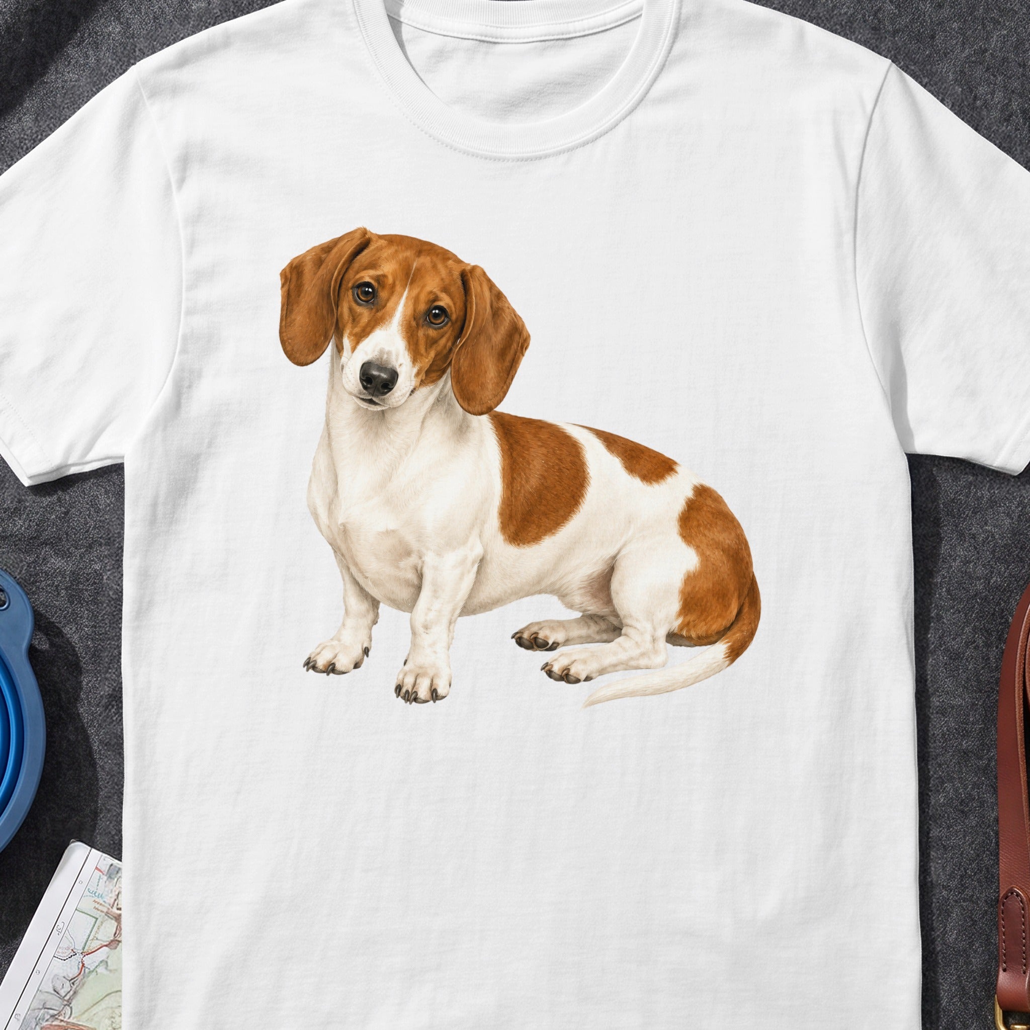 White t-shirt with a print of a brown and white dachshund sitting.