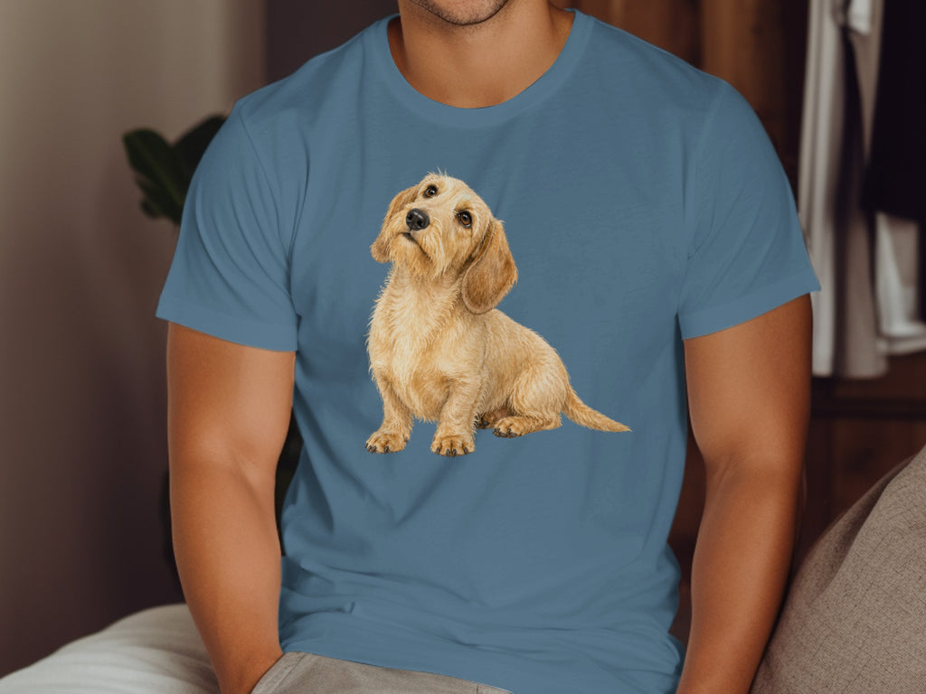 Brown wirehaired dachshund sitting on a blue t-shirt.