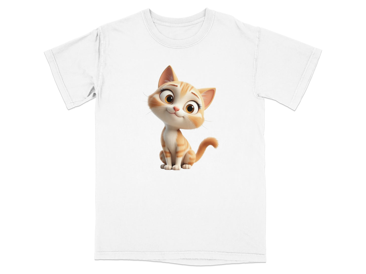 White t-shirt with a cartoon ginger cat smiling and sitting.