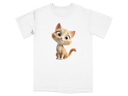 White t-shirt with a cartoon ginger cat smiling and sitting.