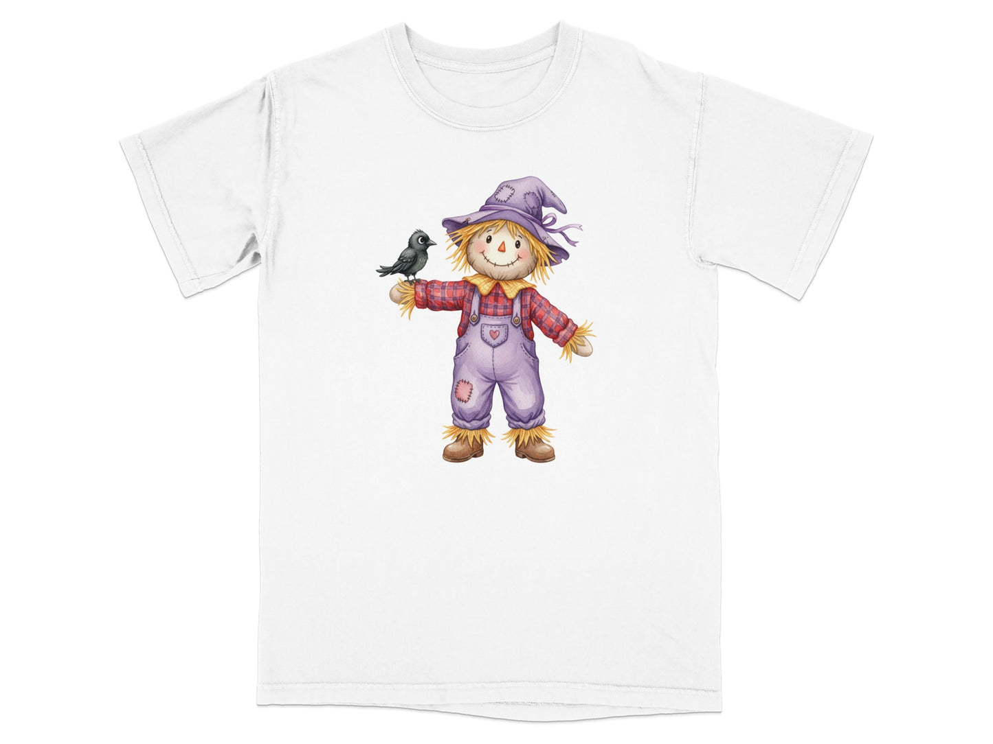 Illustration of a scarecrow wearing a purple hat and overalls, holding a crow.
