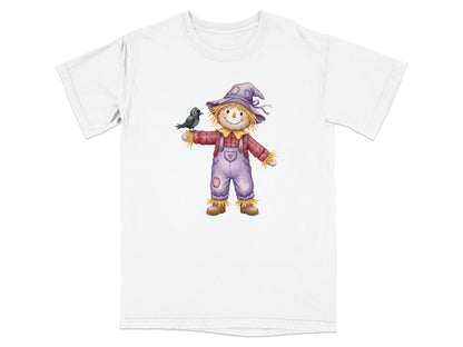 Illustration of a scarecrow wearing a purple hat and overalls, holding a crow.