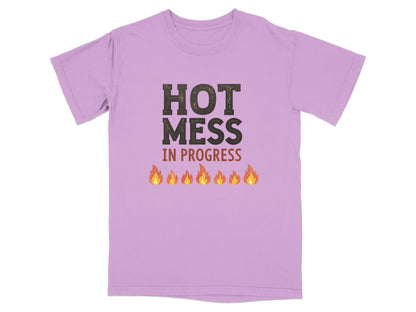 Purple t-shirt with "HOT MESS IN PROGRESS" and flame graphics.