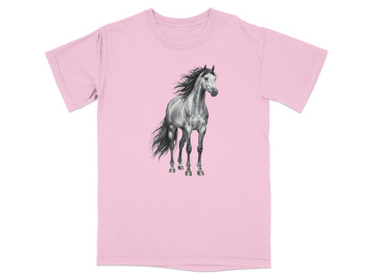 Pink t-shirt featuring a realistic grey horse illustration.