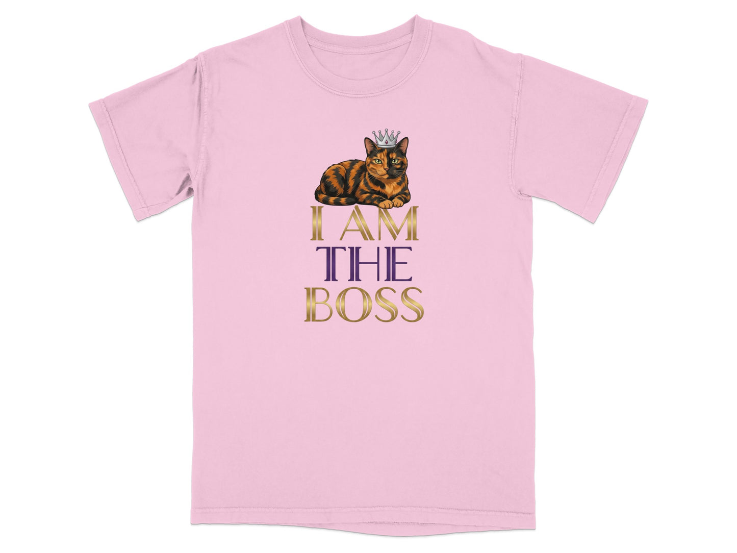 Pink t-shirt with a crowned cat and text "I AM THE BOSS".