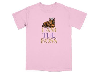 Pink t-shirt with a crowned cat and text "I AM THE BOSS".