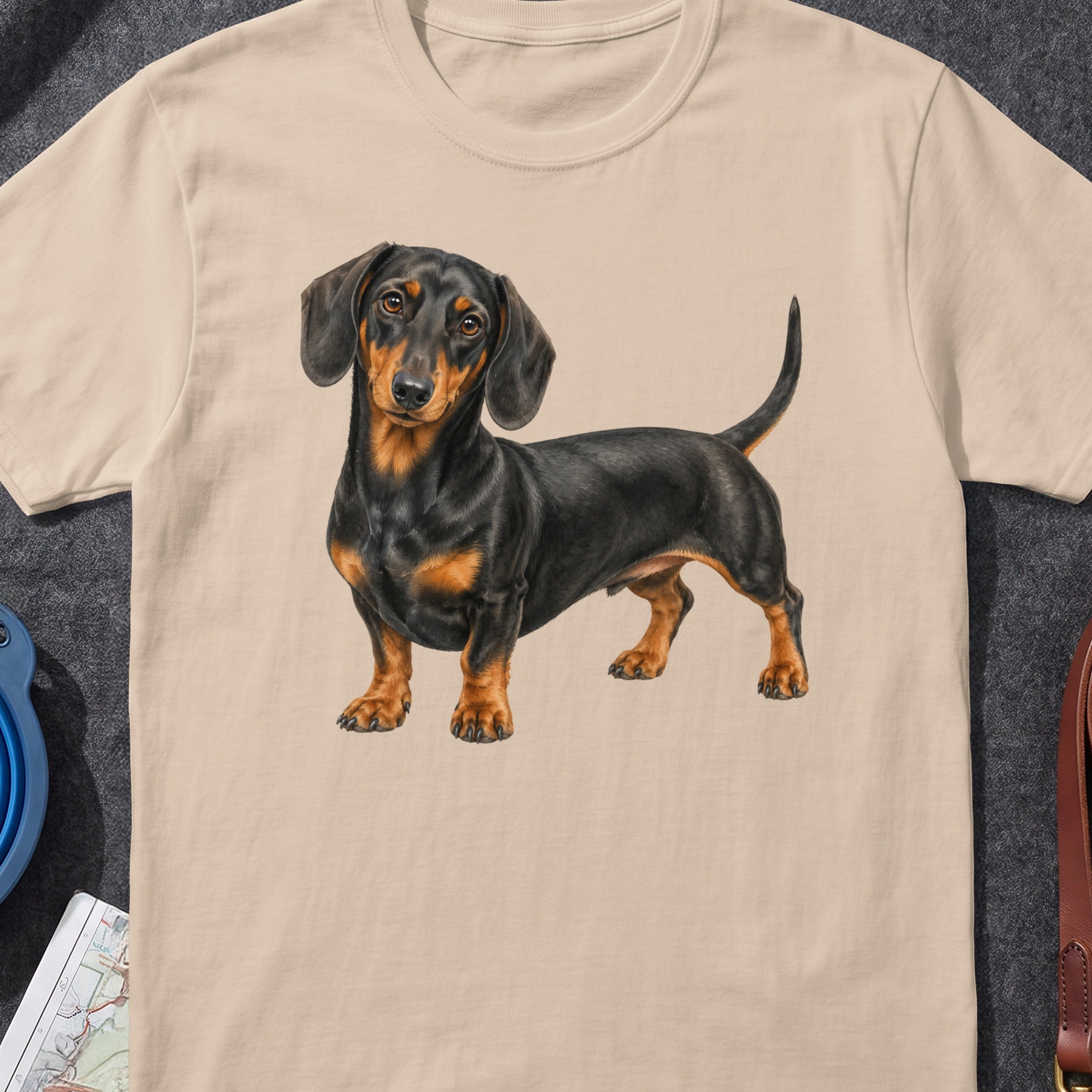 Black and tan dachshund illustration on a light tan t-shirt.