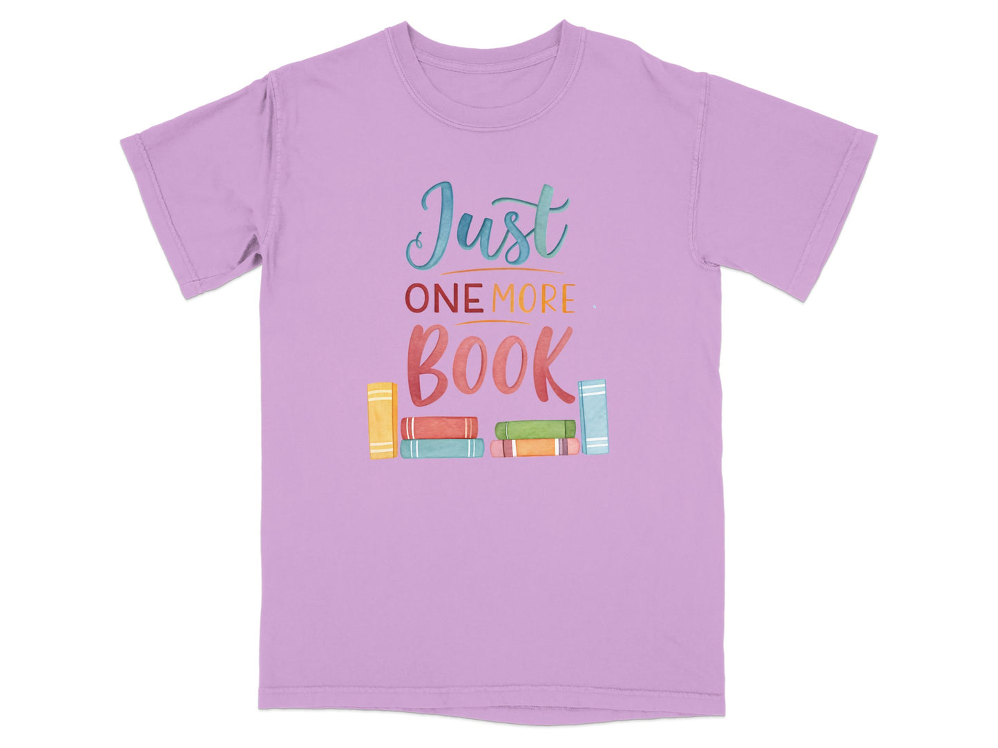 Lilac t-shirt with "Just ONE MORE BOOK" text and colorful books.