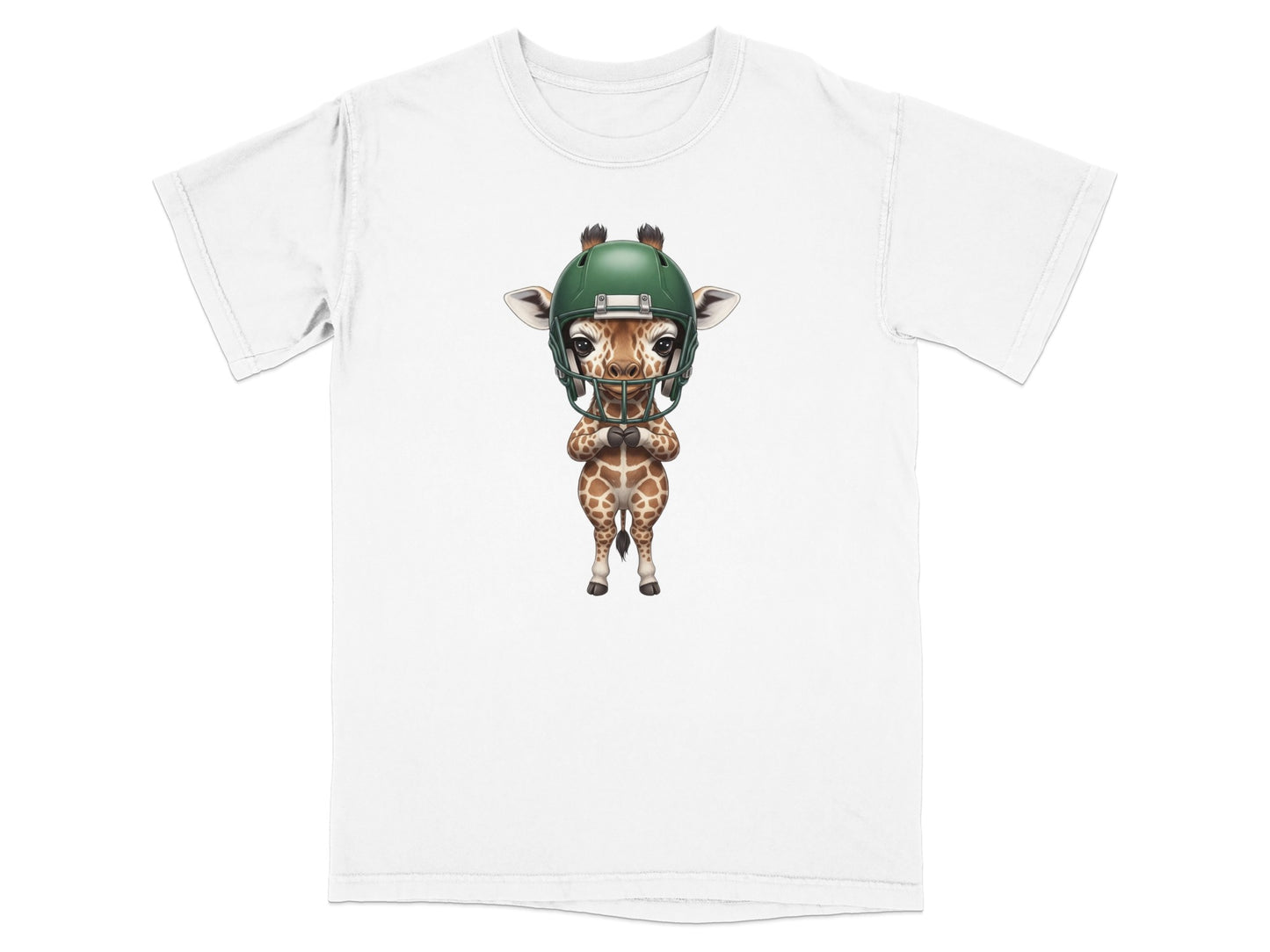Cartoon giraffe wearing a green football helmet stands centered on a white t-shirt.