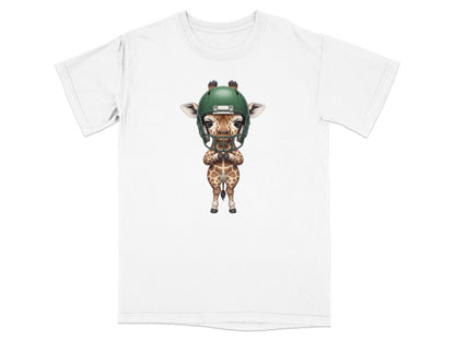 Cartoon giraffe wearing a green football helmet stands centered on a white t-shirt.