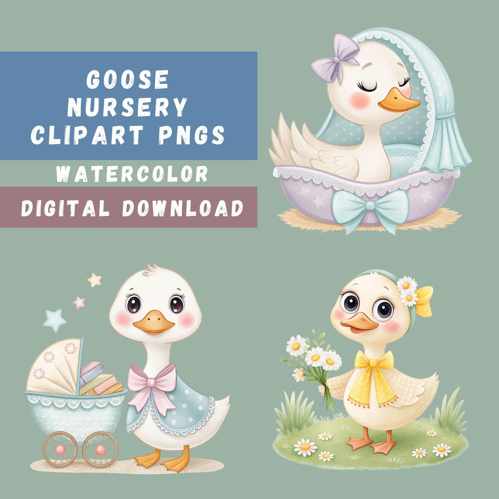 Watercolor Geese Clipart Bundle | 15 Transparent PNG Designs