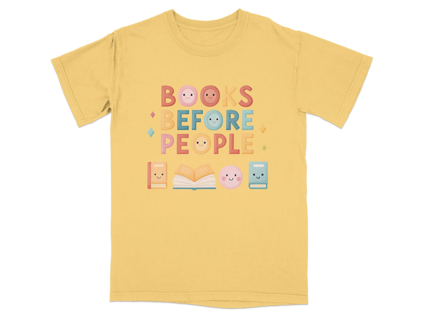 Yellow t-shirt with "BOOKS BEFORE PEOPLE" in colorful letters and book icons.