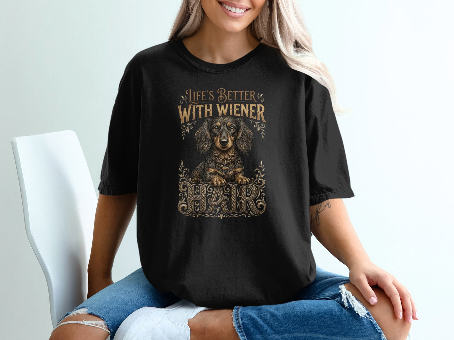 Black t-shirt with "Life's Better with Wiener" and dachshund graphic.